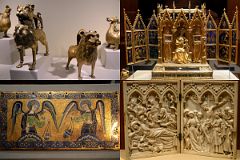 New York Cloisters 47 014 The Treasury - Aquamanile in the form of a Cock Lion Dragon, Reliquary Shrine Jean de Touyl, Plaque with Censing Angels, Nativity and Crucifixion